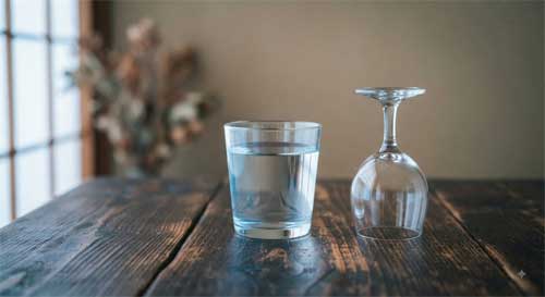 Vaso de agua lleno junto a copa de vino vacía e invertida simbolizando elección consciente de claridad