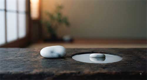 Piedra blanca y su reflejo perfecto en agua quieta simbolizando coherencia entre verdad interior y expresión exterior