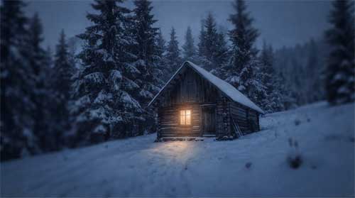 Cabaña solitaria con luz cálida en ventana rodeada de nieve azulada al anochecer, silueta de pinos nevados, atmósfera de refugio interior