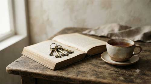 Bodegón minimalista con llaves antiguas, libro abierto y taza de té sobre madera desgastada, iluminado por luz natural suave