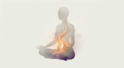 Silueta humana meditativa con líneas sutiles de energía luminosa recorriendo la columna vertebral, simbolizando la circulación del prana y las sensaciones internas