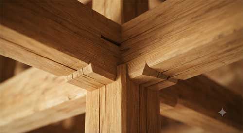 Detalle de unión de carpintería tradicional japonesa kigumi en ciprés hinoki sin clavos, luz natural lateral resaltando textura de veta y precisión de encastre, atmósfera de respeto artesanal hacia la materia viva