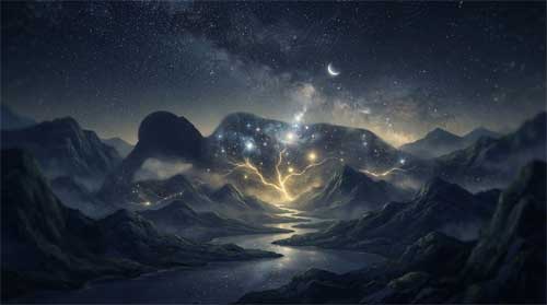 Silueta etérea de gigante primordial disolviéndose en montañas y ríos bajo cielo estrellado, luz dorada suave emergiendo de la tierra, atmósfera de transformación sagrada