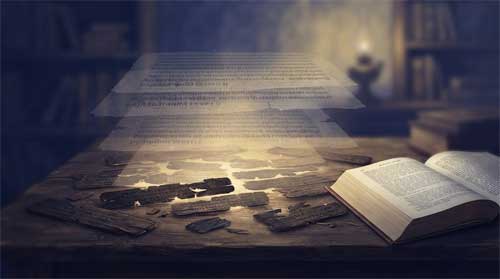 Composición contemplativa en tonos índigo, pergamino desgastado y dorado suave: fragmentos de manuscritos gandharios de corteza de abedul dispersos sobre escritorio de madera junto a edición crítica moderna; encima flotan capas translúcidas de texto sutra mahayana temprano como estratos arqueológicos revelando orígenes ocultos bajo formas canónicas tardías; luz dorada suave brota de los espacios entre fragmentos