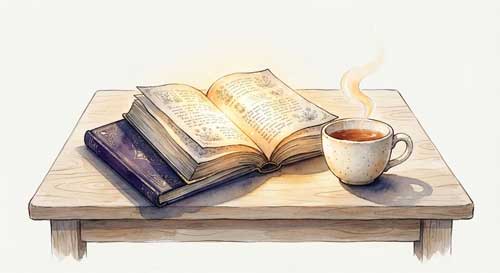 Ilustración simbólica de un libro abierto sobre una mesa tranquila, con una luz suave que ilumina las páginas, representando la claridad y el consuelo de la lectura espiritual