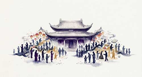 Ilustración simbólica de un templo tradicional chino cuyas paredes se disuelven sutilmente en una multitud de personas y símbolos populares, representando la permeabilidad entre la institución religiosa y la vida cotidiana