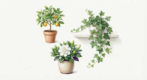 Pequeño limonero bonsai con frutos amarillos junto a una hiedra entrenada, simbolizando la variedad de opciones para principiantes
