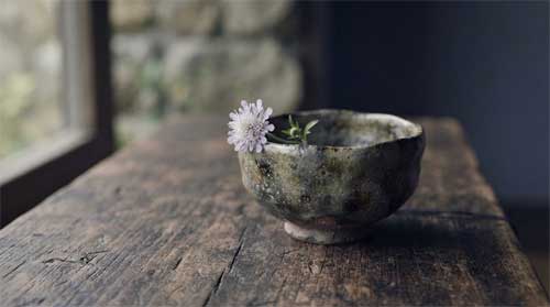 Composición minimalista de cuenco de cerámica rústica con flor silvestre única sobre madera envejecida, luz natural suave lateral, atmósfera de paz austera