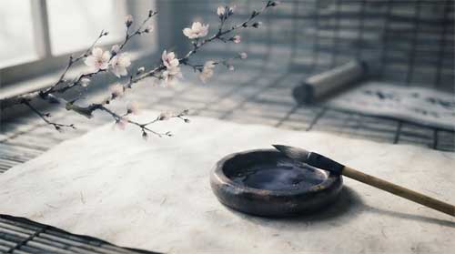 Composición minimalista estilo sumi-e: rama de cerezo en flor junto a pincel y tintero sobre papel washi, luz suave difusa, atmósfera de calma creativa