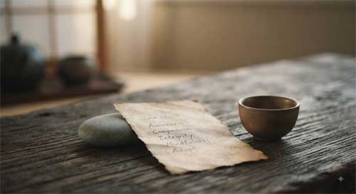 Nota manuscrita junto a piedra y taza de té simbolizando compromiso ético personal y adaptación consciente