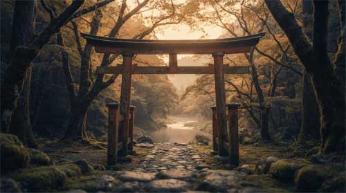 Torii tradicional enmarcando paisaje natural al amanecer con luz dorada suave, atmósfera de reverencia y unión entre naturaleza y espíritu