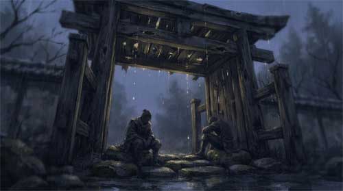 Composición contemplativa en tonos índigo, gris carbón y dorado apagado: estructura de puerta de madera deteriorada bajo lluvia crepuscular; debajo, dos figuras sombrías sentadas separadas sobre piedras gastadas con posturas de agotamiento; luz dorada tenue se filtra por grietas en la madera iluminando gotas de lluvia como lágrimas suspendidas