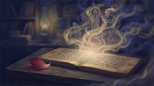 Composición contemplativa en tonos índigo, carmesí apagado y dorado suave: manuscrito narrativo budista antiguo abierto sobre escritorio de madera junto a pétalo de loto caído; encima emergen del texto siluetas translúcidas de animales, demonios y figuras en duelo como aliento volviéndose visible, disolviéndose en niebla en los bordes; luz dorada suave brota del espacio entre palabra escrita y emoción encarnada