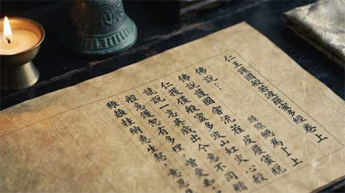 Detalle de manuscrito antiguo del Sutra de los Reyes Benevolentes en papel dorado con caligrafía china tradicional y símbolos protectores