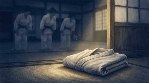 Composición contemplativa en tonos índigo, blanco crudo y dorado suave: un judogi doblado con precisión descansa sobre tatami de paja; junto a él, una puerta entreabierta deja pasar un haz de luz dorada que ilumina el tejido; siluetas sutiles de mujeres en postura de reverencia se desvanecen en la penumbra, sugiriendo presencia ancestral y apertura de camino