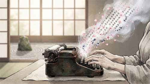 Manos femeninas tecleando en máquina de escribir vintage mientras las teclas liberan pétalos de cerezo, peces koi y fragmentos de sutras que se disuelven en niebla, luz suave de shoji, jardín zen difuminado al fondo