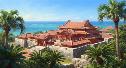 Castillo Shuri de Okinawa con tejados rojos característicos y muros de coral blanco, palmeras y mar azul turquesa al fondo, luz tropical brillante, atmósfera de reino marítimo soberano