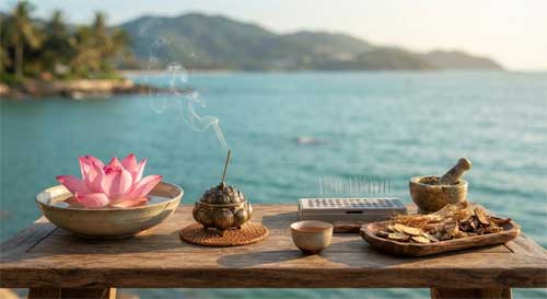 Composición equilibrada que muestra elementos de meditación budista (incienso, loto) junto a herramientas de MTC (agujas, hierbas) sobre una mesa de madera frente al mar tropical