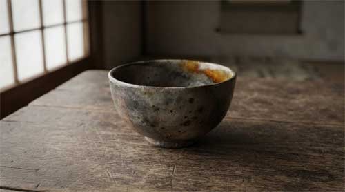 Bol de arroz cerámico antiguo sobre mesa de madera desgastada con luz natural suave, atmósfera de intimidad y memoria material
