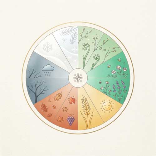 Ilustración circular dividida en seis segmentos iguales, cada uno representando una estación con colores suaves: verde brote, verde intenso, amarillo dorado, naranja rojizo, gris azulado y blanco nieve, estilo minimalista y elegante sobre fondo crema