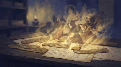 Composición contemplativa en tonos índigo, pergamino envejecido y ámbar suave: fragmentos de sutras mahayanos tempranos dispersos sobre escritorio de madera junto a notas de reconstrucción lingüística; encima emergen de variantes textuales siluetas translúcidas de devas y asuras cambiando entre formas celestiales y demoníacas según pasa la luz; resplandor dorado brota de los espacios entre fragmentos manuscritos