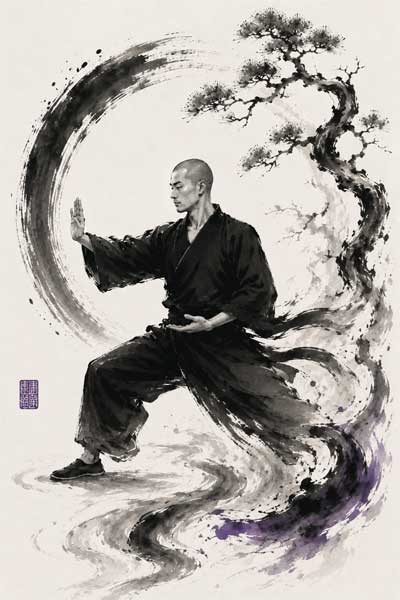 Representación artística de una figura en equilibrio dinámico, con trazos de tinta que sugieren movimiento y calma, simbolizando la unión entre arte marcial y meditación