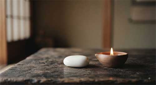 Piedra blanca y lámpara de aceite sobre madera simbolizando integridad ética viva
