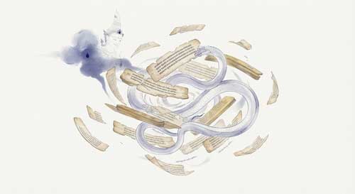 Ilustración conceptual de un ecosistema textual donde figuras mitológicas budistas interactúan con fragmentos de manuscritos antiguos, simbolizando la evolución narrativa