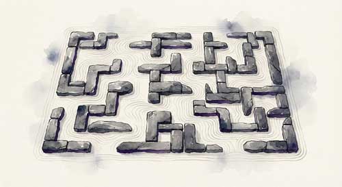 Ilustración simbólica de un jardín zen minimalista donde las piedras forman patrones geométricos complejos, representando la estructura histórica detrás de la aparente simplicidad del Zen