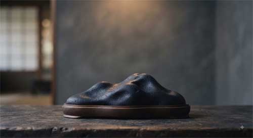 Piedra volcánica oscura sobre daiza de madera sugiriendo paisaje montañoso en miniatura