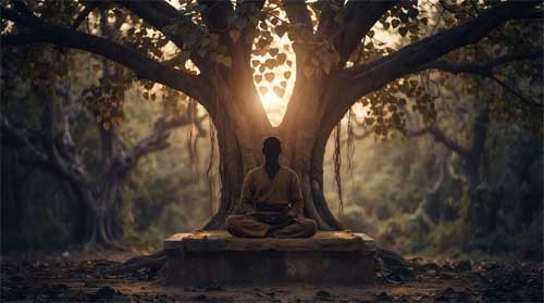 Silueta serena de persona meditando bajo un árbol antiguo al atardecer, luz dorada suave, atmósfera de introspección y calma absoluta