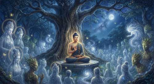 El Buda Śākyamuni sentado en el centro de un claro boscoso iluminado por la luna, rodeado por una multitud invisible pero sugerida de figuras etéreas, deidades brillantes y espíritus de la naturaleza que observan con reverencia