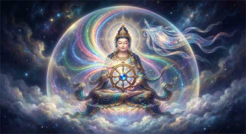 Un Bodhisattva sereno sosteniendo una rueda dorada incrustada de joyas que emite rayos de luz multicolor, con un estandarte brillante flotando detrás de él en un cielo etéreo