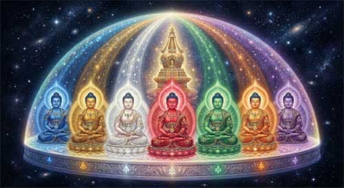 Siete figuras de Buda sentadas en loto, emanando luces de diferentes colores que forman un escudo protector alrededor de una estupa central dorada, con un fondo oscuro y estrellas