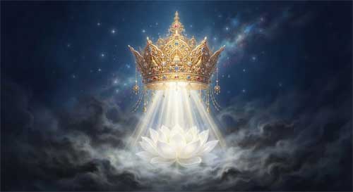 Una corona dorada intrincada flotando sobre un loto, emitiendo rayos de luz blanca que limpian sombras oscuras debajo de ella, simbolizando la purificación de la protuberancia craneal del Buda