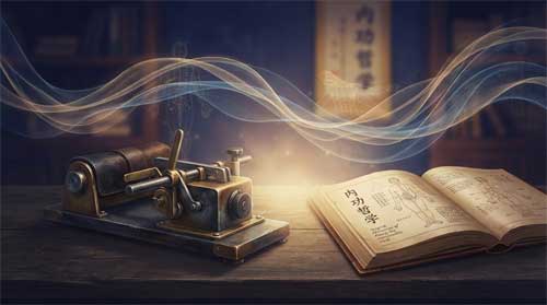 Composición contemplativa en tonos índigo, ámbar cálido y dorado suave: dispositivo mecánico de entrenamiento vintage sobre escritorio de madera junto a libro abierto de filosofía marcial; encima fluyen líneas translúcidas de energía como agua por meridianos invisibles; resplandor dorado emana del espacio entre herramienta y texto