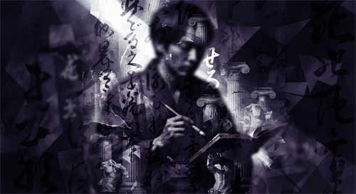 Retrato artístico abstracto de un poeta contemporáneo japonés, con elementos visuales que sugieren dualidad y fusión entre tradición y modernidad