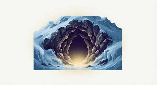 Ilustración simbólica de la entrada de una cueva en alta montaña, con una luz cálida emanando desde su interior, contrastando con el frío azul del exterior nevado