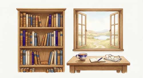 Ilustración simbólica de una biblioteca serena con estantes ordenados y una ventana abierta a un paisaje natural, representando la unión entre el estudio riguroso y la práctica viva