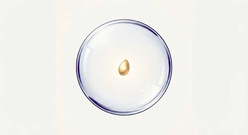 Ilustración simbólica de una semilla dorada brillante contenida dentro de una esfera de cristal transparente, representando el potencial puro protegido por la vacuidad