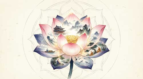 Loto luminoso cuyos pétalos contienen universos interpenetrados: montañas, templos, monjes y seres, simbolizando el principio Tiantai de ichinen sanzen