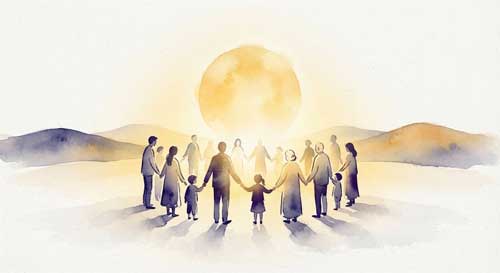 Ilustración simbólica de una luz dorada cálida que emana desde el horizonte, iluminando siluetas de personas unidas en círculo, representando la comunidad de la Tierra Pura y la compasión de Amitābha