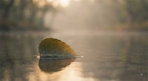 Hoja de bodhi sobre agua quieta al amanecer simbolizando comprensión de la causalidad universal sin revelación mística