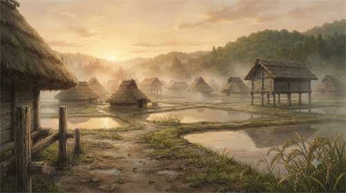 Reconstrucción artística de una aldea yayoi en Toro con casas de techo de paja sobre pilotes y arrozales inundados al atardecer