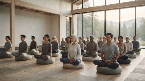 Grupo diverso de personas meditando en silencio sobre cojines simples en sala moderna luminosa con grandes ventanales al paisaje natural, luz suave matutina, sin iconos religiosos, arquitectura limpia de madera y piedra