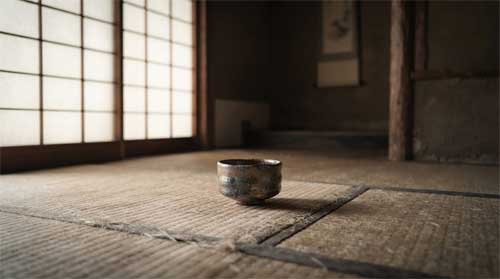 Interior minimalista de cabaña de té con luz natural suave filtrándose, cuenco de cerámica rústica sobre tatami, atmósfera de serenidad austera