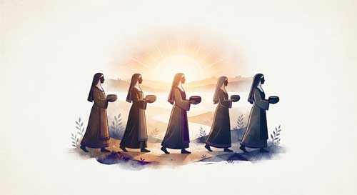 Ilustración simbólica de un amanecer dorado sobre un paisaje antiguo, con siluetas de monjas caminando hacia la luz, representando el despertar de las primeras bhikkhunis