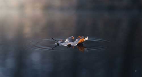 Hoja flotando naturalmente sobre agua quieta al amanecer simbolizando flujo mental sin intervención