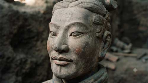 Primer plano del rostro sereno de un guerrero de terracota de Xi'an con restos de pigmento original y expresión individualizada