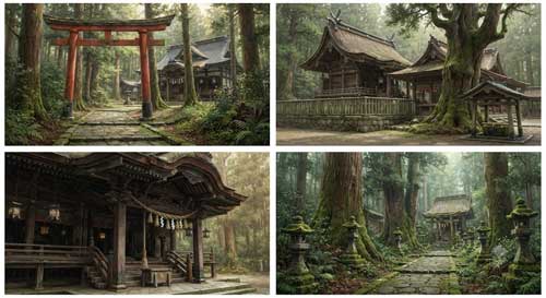 Arquitectura tradicional japonesa de madera con techo de ciprés y torii rojo en entorno boscoso sereno, luz natural filtrada, atmósfera de continuidad ancestral